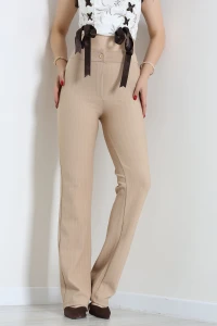 Çizgili Krep Pantolon Bej - 53995.2239.