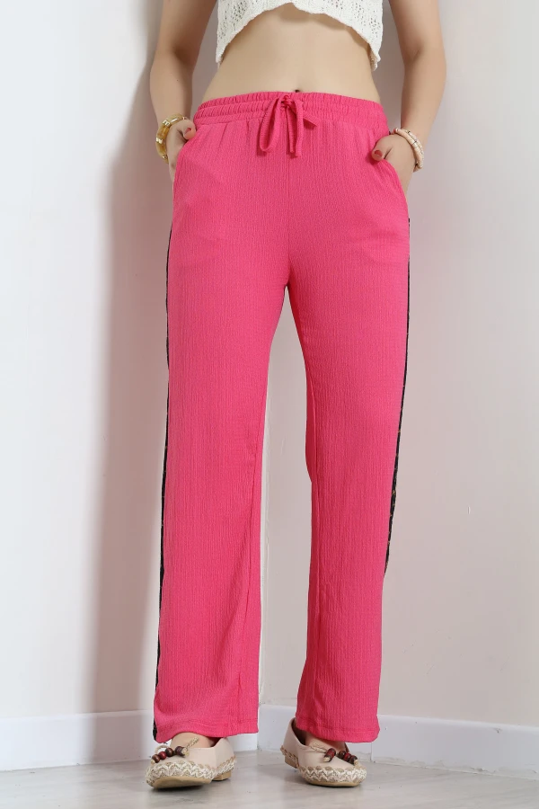 Leopar Şeritli Bürümcük Pantolon Fuşya - 54024.2239.