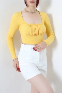 Kare Yaka Crop Bluz Sarı - 54038.2239.