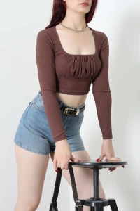 Kare Yaka Crop Bluz Kahve - 54038.2239.