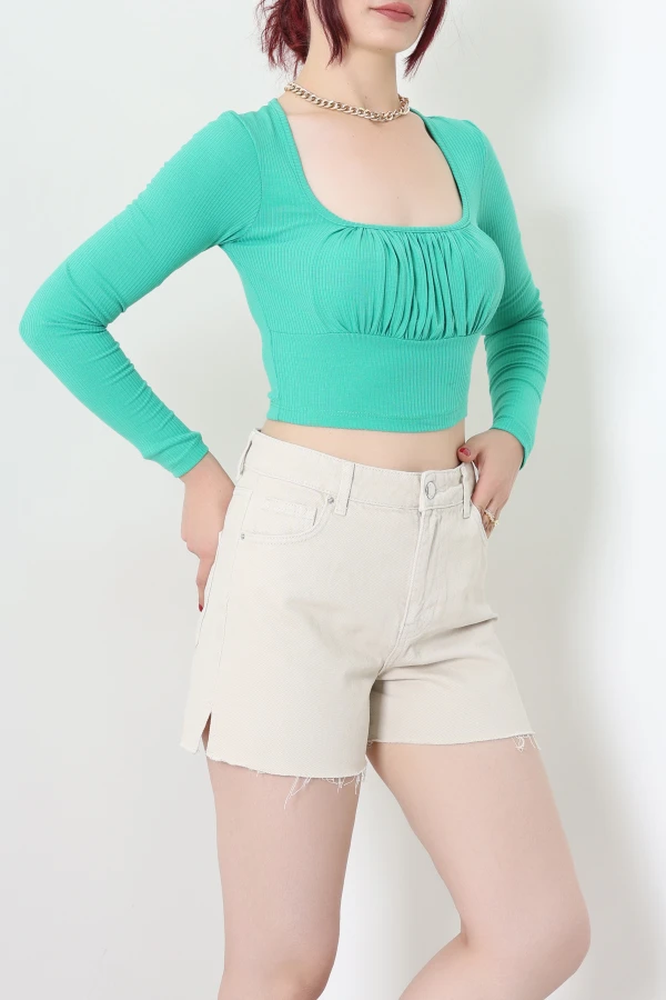 Kare Yaka Crop Bluz Yeşil - 54038.2239.