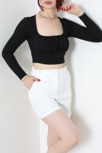 Kare Yaka Crop Bluz Siyah - 54038.2239.