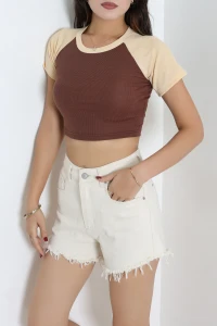 Bisiklet Yaka Crop Tişört Kahve - 54040.2239.