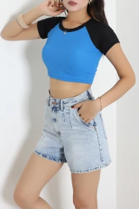 Bisiklet Yaka Crop Tişört Saks - 54040.2239.