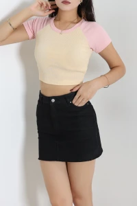 Bisiklet Yaka Crop Tişört Bej - 54040.2239.