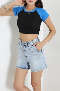 Bisiklet Yaka Crop Tişört Siyah - 54040.2239.