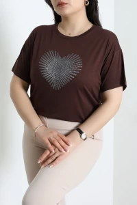 Kalp Baskılı Büyük Beden Viskon Bluz Kahve - 72010.2213.