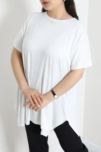 Taşlı Süper Battal Örme Viskon Bluz Ekru - 72075.1990.