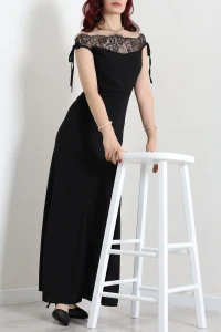 Dantelli Kayık Yaka Krep Elbise Siyah - 10018.1256.