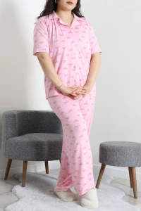 Milan Büyük Beden Düğmeli Pijama Takımı Pembe - 53655.1857.