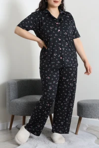 Milan Büyük Beden Düğmeli Pijama Takımı Siyahçiçek - 53655.1857.