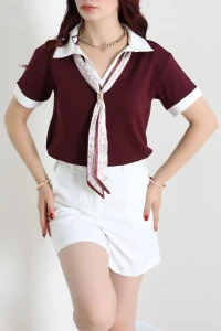 Polo Yaka Fularlı Tokalı Modal Bluz Mürdüm - 71952.2023.