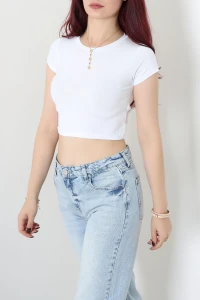 Kısa Kol Bisiklet Yaka Crop Body Beyaz - 21750.200.