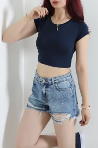 Kısa Kol Bisiklet Yaka Crop Body Lacivert - 21750.200.