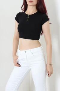 Kısa Kol Bisiklet Yaka Crop Body Siyah - 21750.200.