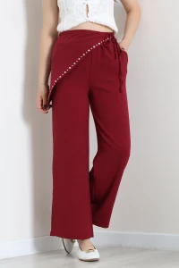 Fular Ve Taş Detaylı Keten Pantolon Bordo - 53714.2023.