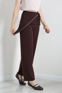 Fular Ve Taş Detaylı Keten Pantolon Kahve - 53714.2023.