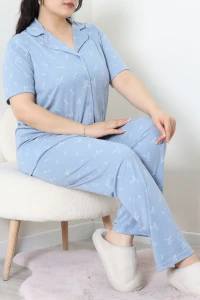 Büyük Beden Viskon Düğmeli Pijama Takımı Mavi - 53892.2145.