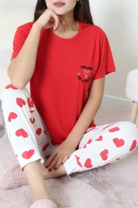 Viskon Pijama Takımı Beyazkırmızı - 54116.1961.