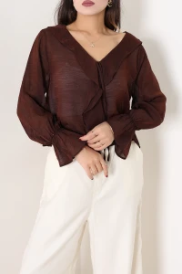 Tül Modal Önü Bağlamalı Bluz Kahve - 75546.2232.