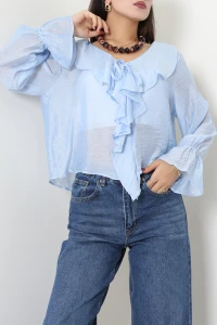 Tül Modal Önü Bağlamalı Bluz Mavi - 75546.2232.