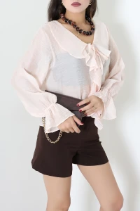 Tül Modal Önü Bağlamalı Bluz Pudra - 75546.2232.
