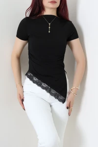 Kayık Yaka Dantelli Viskon Bluz Siyah - 72078.599.