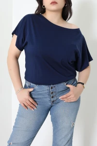 Kayık Yaka Lüks Penye Büyük Beden Bluz Lacivert - 72073.1567.