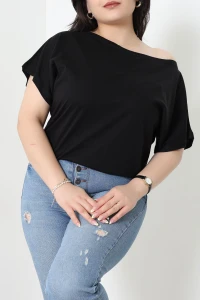 Kayık Yaka Lüks Penye Büyük Beden Bluz Siyah - 72073.1567.