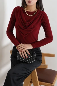Degaje Yaka Uzun Kol Sandy Bluz Bordo - 72114.2230.