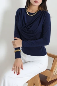 Degaje Yaka Uzun Kol Sandy Bluz Lacivert - 72114.2230.
